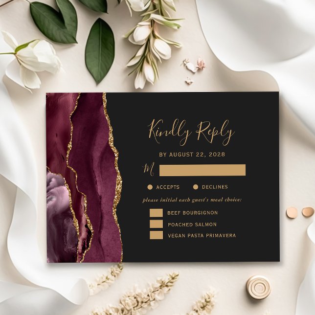 Burgundy Gold Agate Meal Options Dark Wedding RSVP (Creator Uploaded)