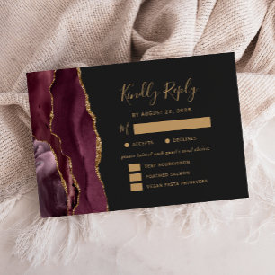 Burgundy Gold Agate Meal Options Dark Wedding RSVP Card
