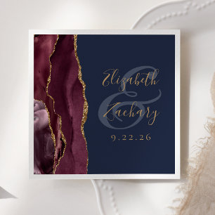 Burgundy Gold Agate Navy Blue Wedding Napkin