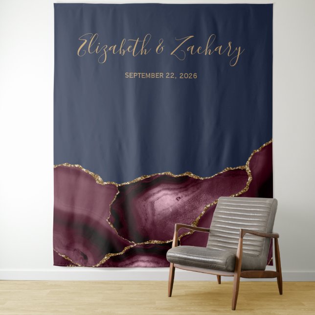 Burgundy Gold Agate Navy Blue Wedding Photo Booth Tapestry (In Situ)