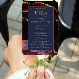 Burgundy Gold Agate Navy Blue Wedding Program Hand Fan