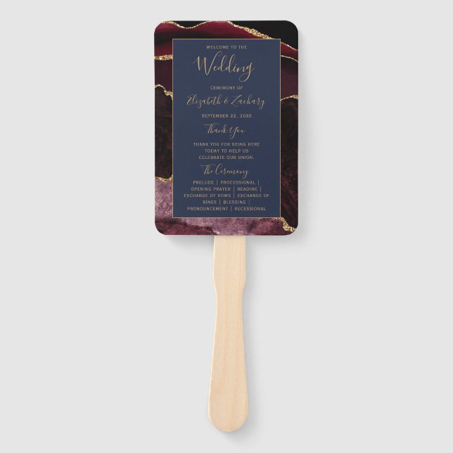 Burgundy Gold Agate Navy Blue Wedding Program  Hand Fan (Front)