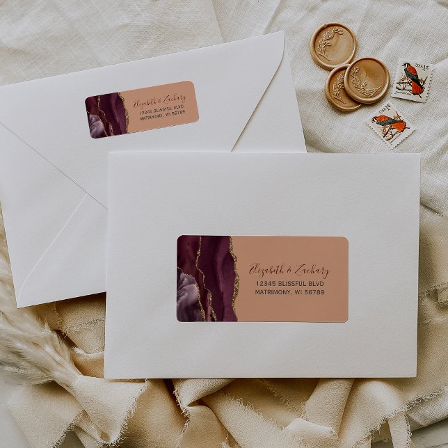 Burgundy Gold Agate Peach Wedding Return Address (Creator Uploaded)