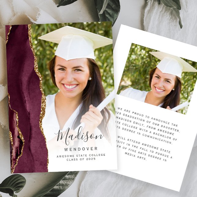 Burgundy Gold Agate Photo Graduation Announcement (Creator Uploaded)
