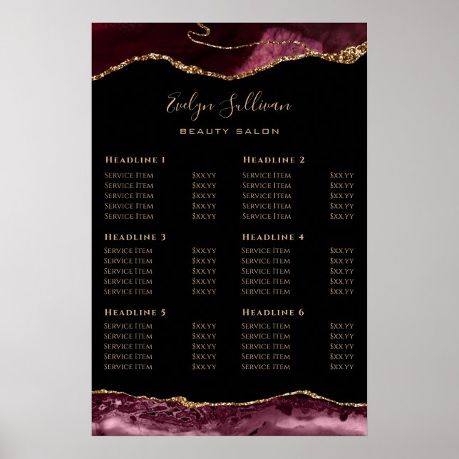 Burgundy Gold Agate Price List Poster (Front)