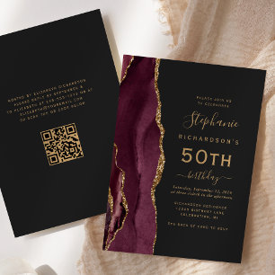 Burgundy Gold Agate QR Code 50th Birthday Invitation