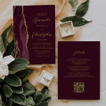 Burgundy Gold Agate QR Code Wedding Invitation<br><div class="desc">The left-hand edge of this elegant modern wedding invitation features a burgundy red watercolor agate border trimmed with faux gold glitter. The customisable text combines gold-coloured script and sans serif fonts on a burgundy background. The reverse side provides space for wedding details on a solid burgundy background, along with a...</div>