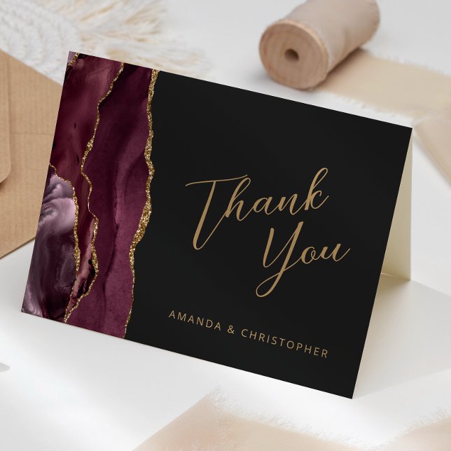 Burgundy Gold Agate Script Dark Wedding Thank You Card (Creator Uploaded)