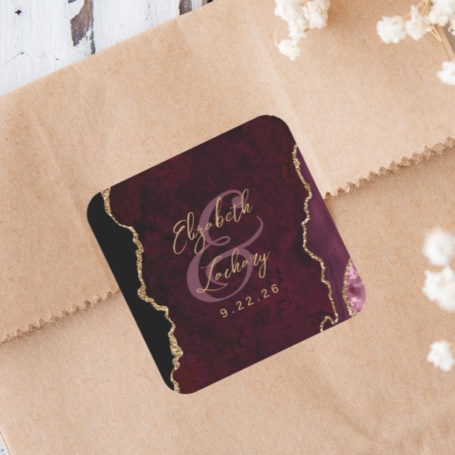 Burgundy Gold Agate Script Wedding Square Sticker (Creator Uploaded)