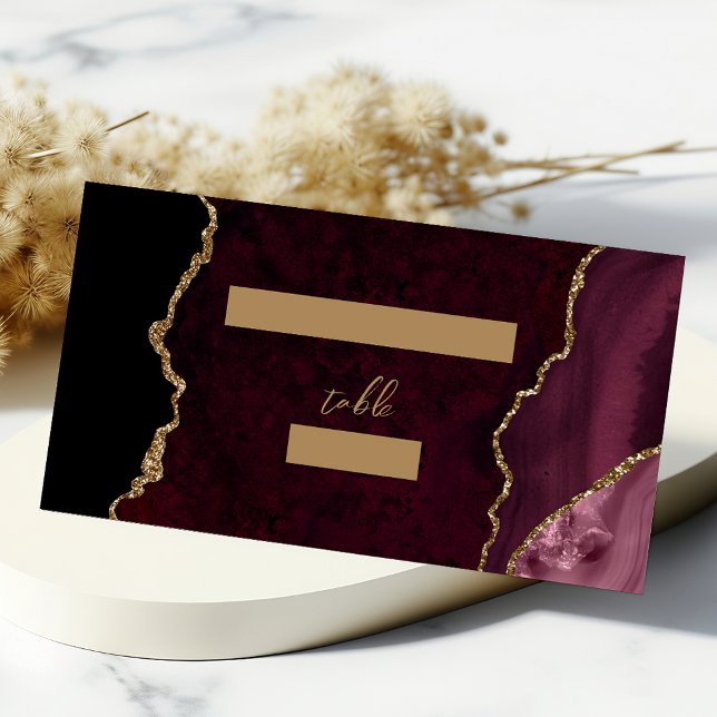 Burgundy Gold Agate Script Wedding Table Place Card (Creator Uploaded)