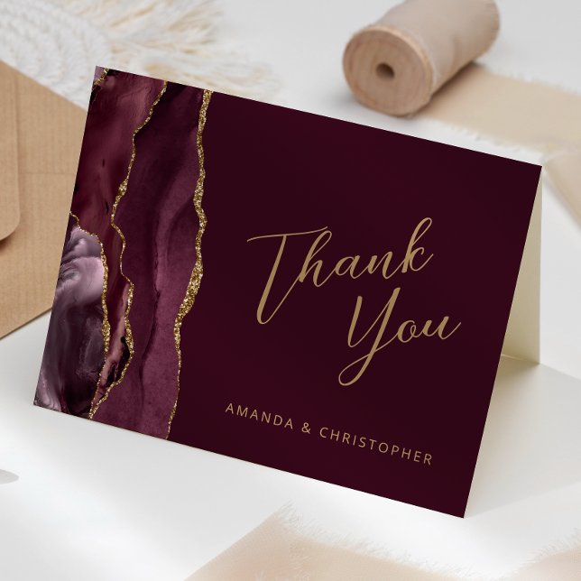 Burgundy Gold Agate Script Wedding Thank You Card (Creator Uploaded)