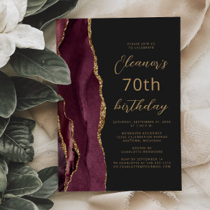 Burgundy Gold Agate Slate Script 70th Birthday Invitation