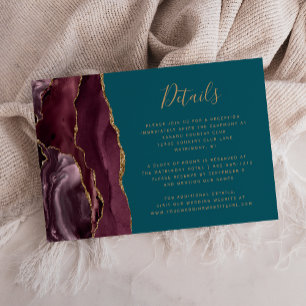 Burgundy Gold Agate Teal Blue Wedding Details Enclosure Card
