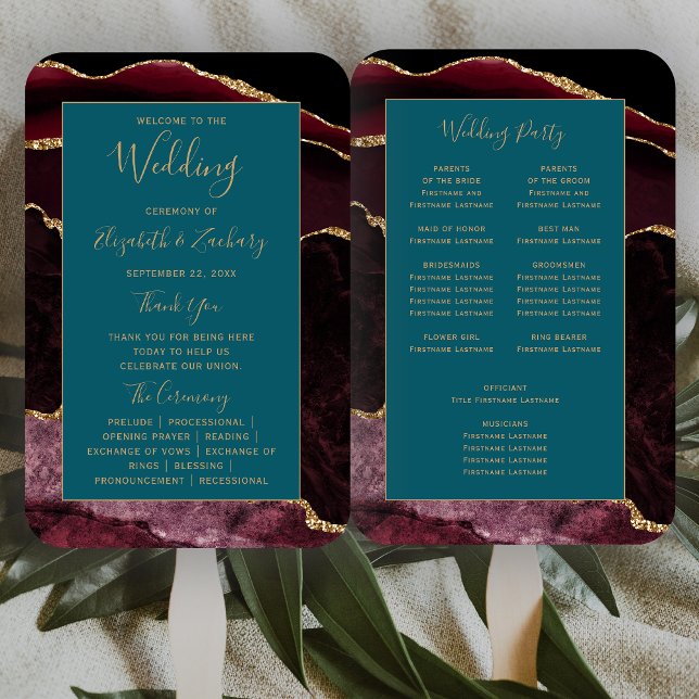 Burgundy Gold Agate Teal Blue Wedding Program  Hand Fan (Creator Uploaded)