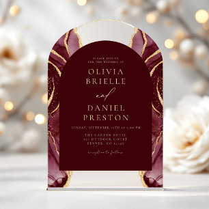 Burgundy Gold Agate Wedding Elegant Modern Acrylic Invitations