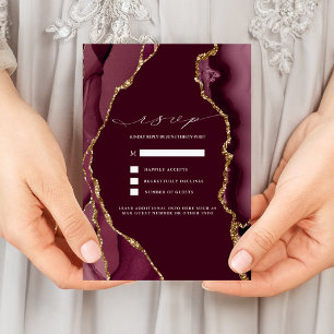 Burgundy & Gold Agate Wedding RSVP Invitation