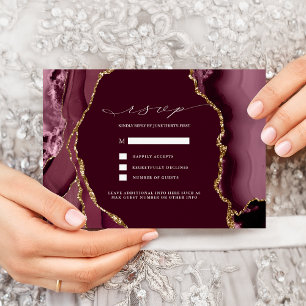 Burgundy & Gold Agate Wedding RSVP Invitation