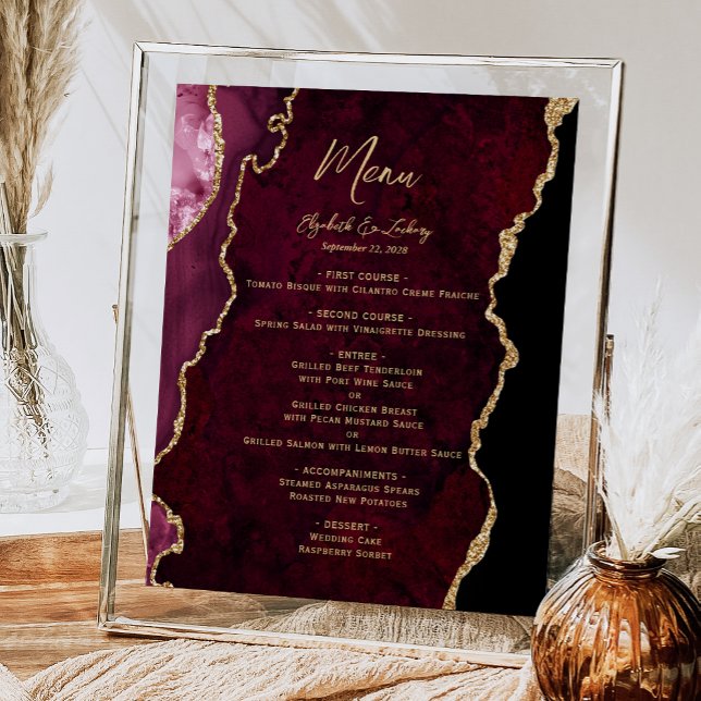 Burgundy Gold Agate Wedding Table Menu Poster (Creator Uploaded)