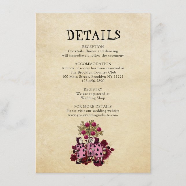 Burgundy Gold Alice in Wonderland Wedding Details Enclosure Card (Front)