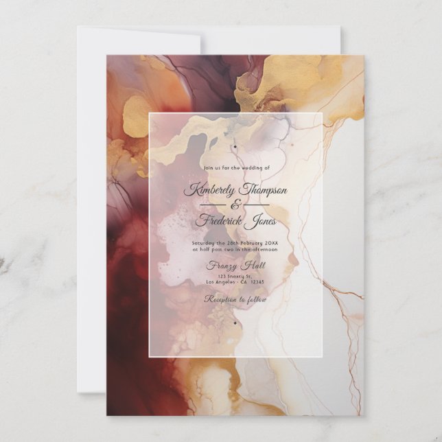 Burgundy, Gold, and Ivory Ink Wedding Invitation (Front)