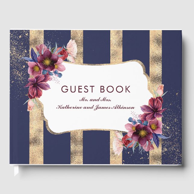 Burgundy Gold and Navy Floral Stripes Wedding Guest Book (Front)