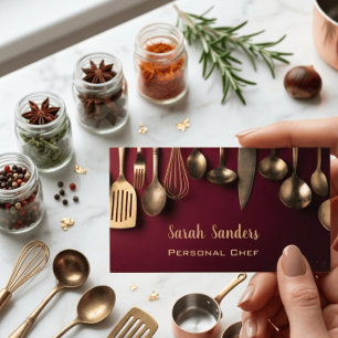 Burgundy & Gold Antique Utensils Personal Chef Business Card