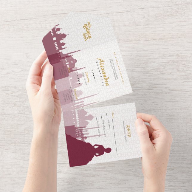 Burgundy & Gold Arabian Quinceañera All In One Invitation (Tearaway)