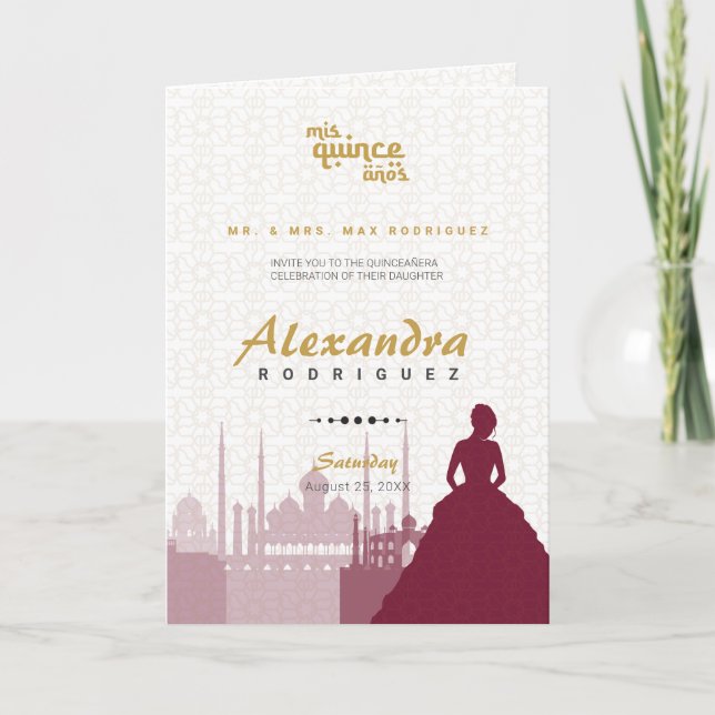 Burgundy & Gold Arabian Quinceañera Photo Invitation (Front)