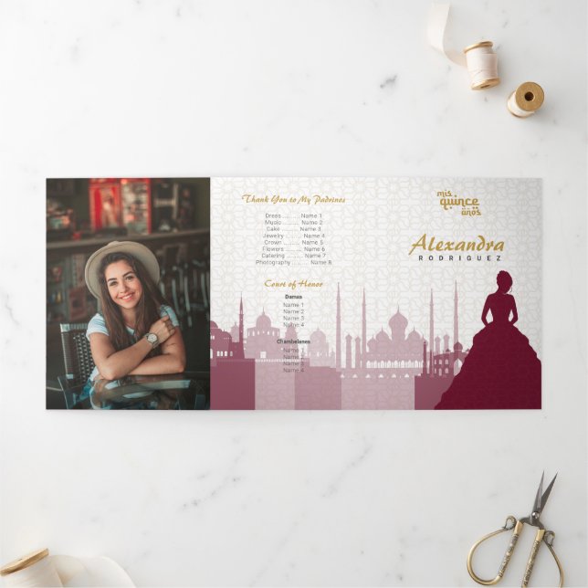 Burgundy & Gold Arabian Quinceañera Photo Tri-Fold Invitation (Outside)