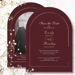 Burgundy Gold Arch White Save the Date Wedding Invitation