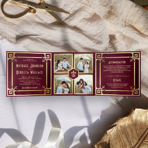 Burgundy Gold Art Deco Photo Collage Wedding Tri-Fold Invitation