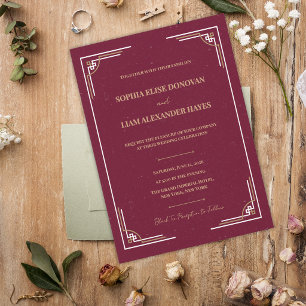 Burgundy Gold Art Deco Wedding Black Tie Invitation