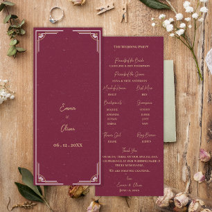 Burgundy Gold Art Deco Wedding Ceremony Program Invitation