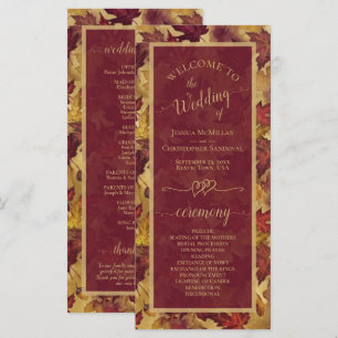 Burgundy & Gold Autumn Leaves Elegant Wedding Programme