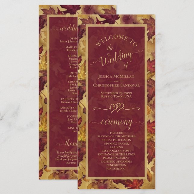 Burgundy & Gold Autumn Leaves Elegant Wedding Programme (Front/Back)