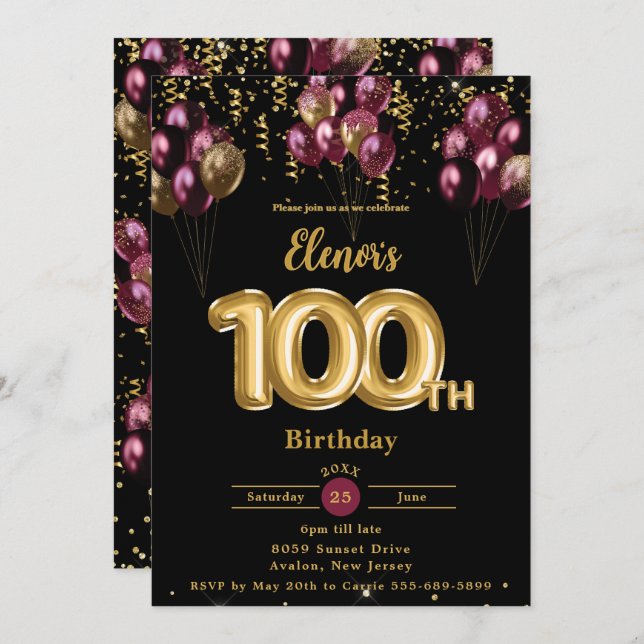 Burgundy Gold Balloons Confetti 100th Birthday  Invitation (Front/Back)