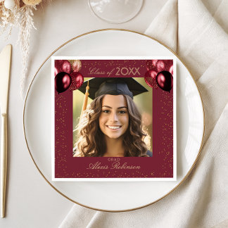 Burgundy Gold Balloons Graduation Party Photo Napkin