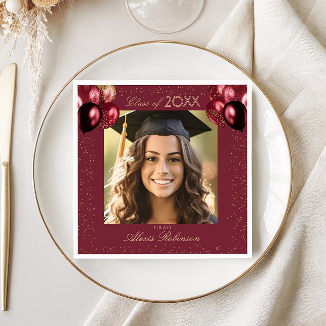 Burgundy Gold Balloons Graduation Party Photo Napkin (Creator Uploaded)