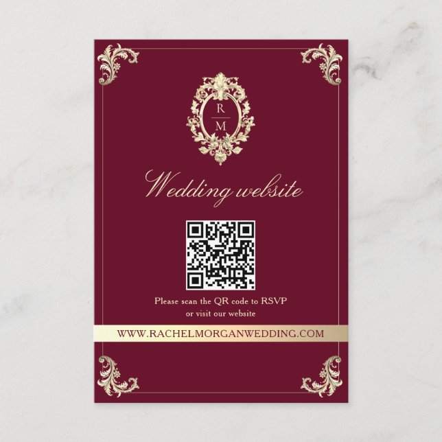 Burgundy Gold Baroque Wedding Website QR Card (Front)