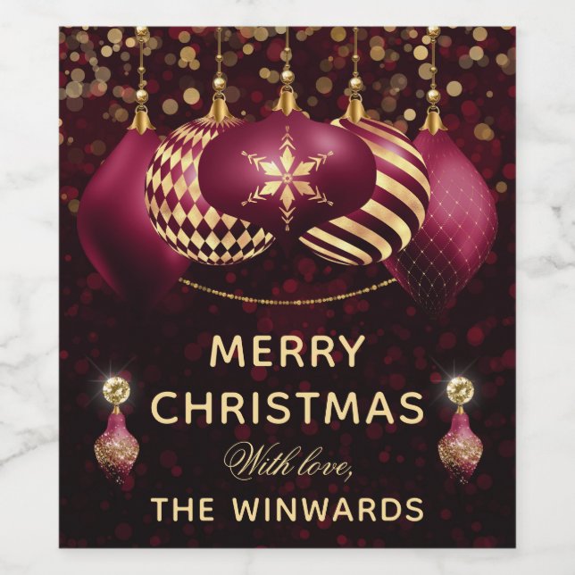 Burgundy & Gold Baubles Merry Christmas Wine Label (Single Label)
