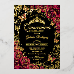 Burgundy Gold Black Butterflies Roses Quinceanera