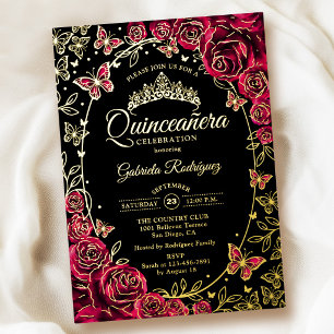 Burgundy Gold Black Butterflies Roses Quinceanera