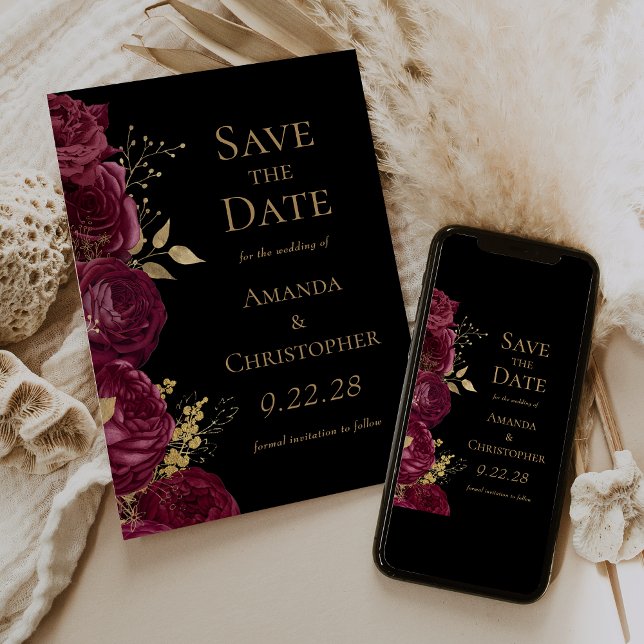 Burgundy Gold Black Floral Save the Date Announcement (Creator Uploaded)