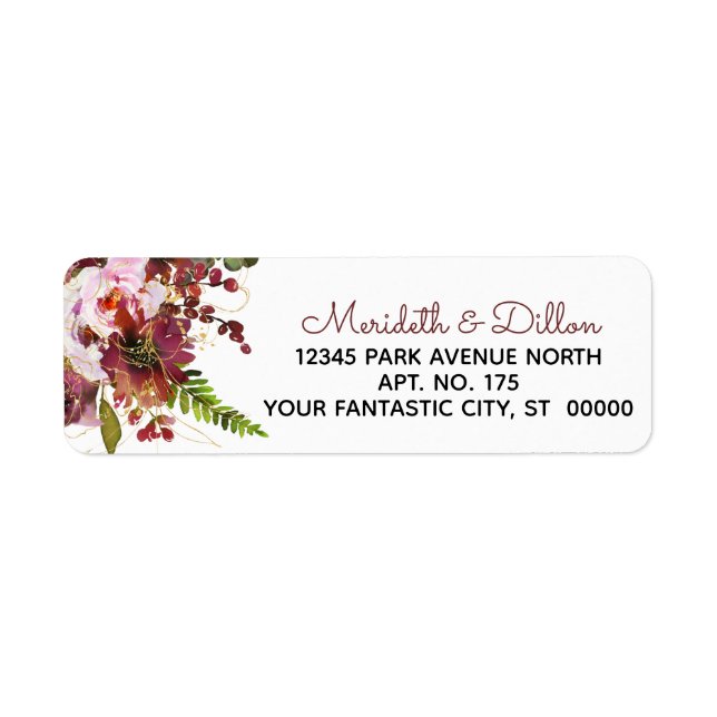 Burgundy Gold Blush Pink Floral Return Address (Front)