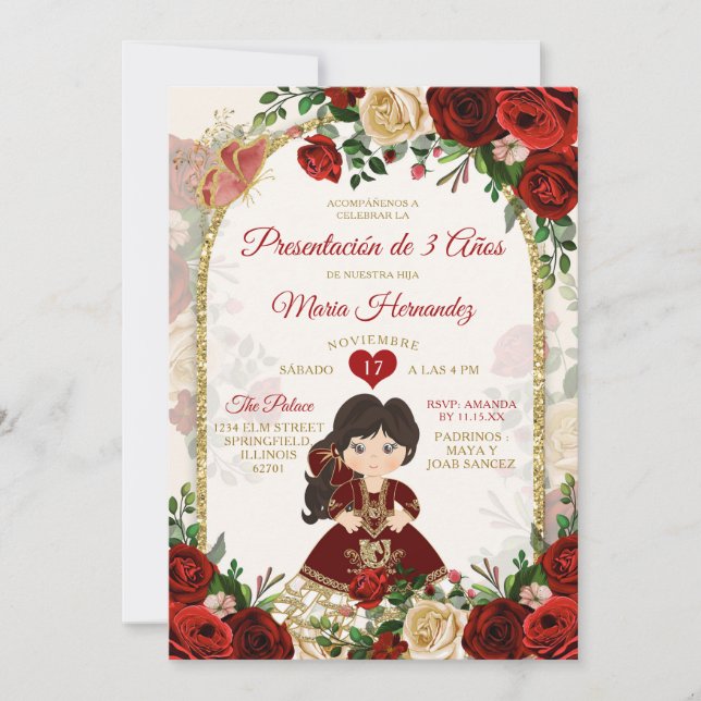 Burgundy Gold Boho Spanish Girl Tres Años Floral Invitation (Front)