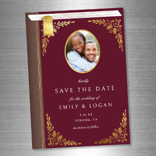 Burgundy Gold Book Wedding Save The Date Card