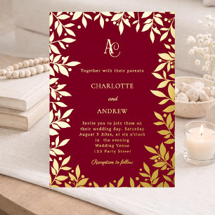 Burgundy gold botanical monogram luxury wedding