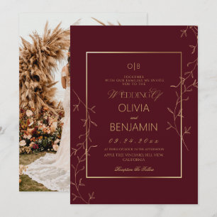Burgundy & Gold Botanical Photo Wedding Invitation