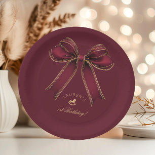 Burgundy Gold Bow Rocking Horse Luxury Birthday Paper Plate