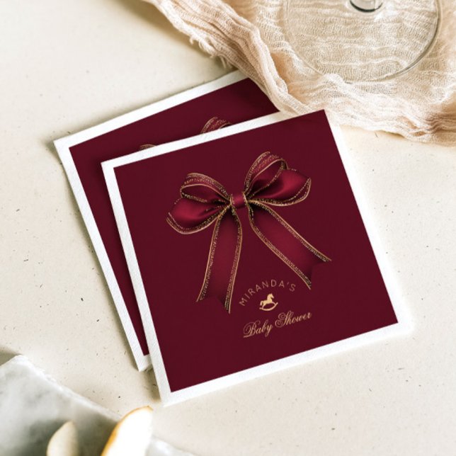 Burgundy Gold Bow Rocking Horse Luxury Napkin (Creator Uploaded)